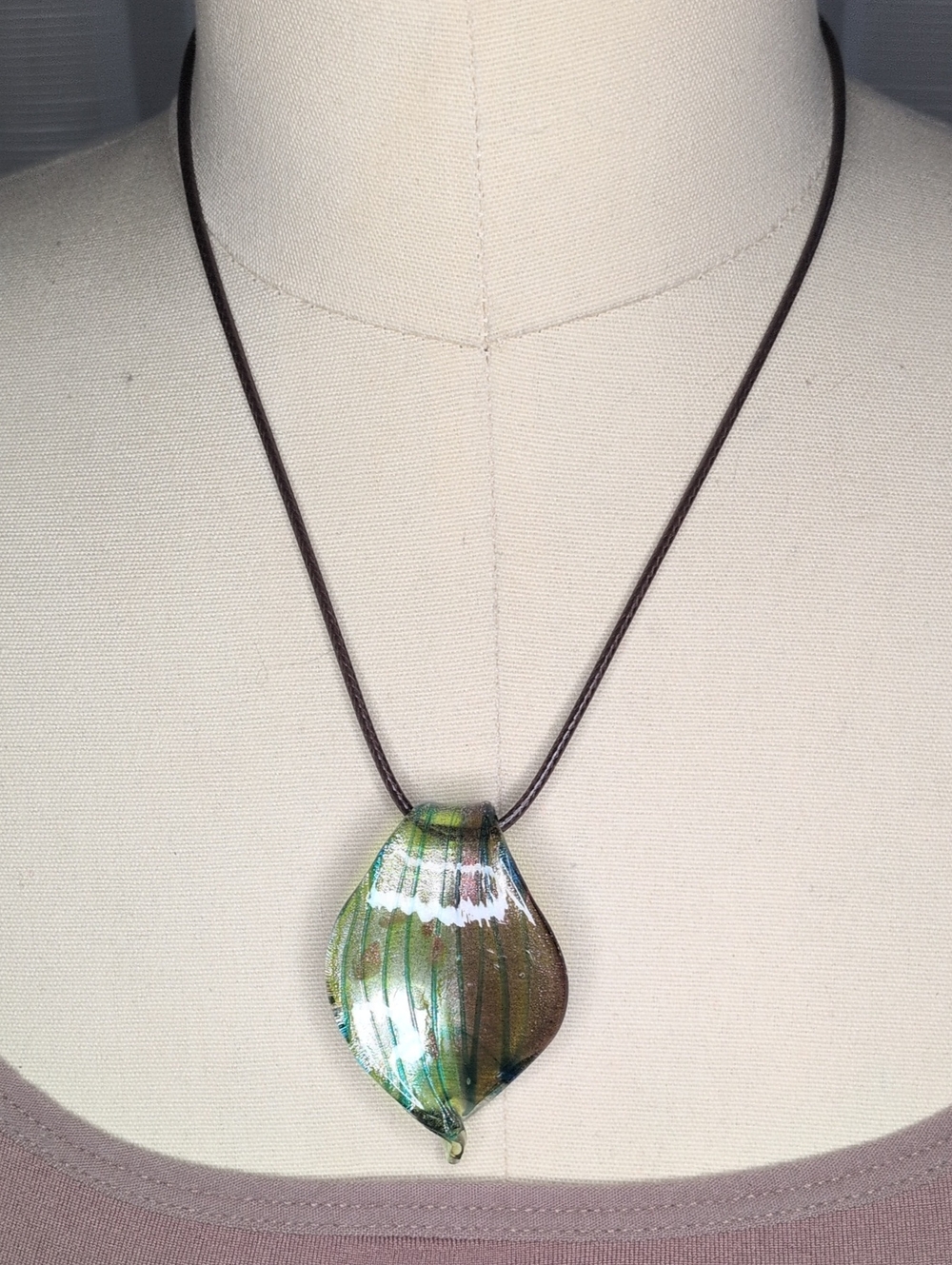 Art Glass Leaf Pendant Necklace Green Brown Ribbon Lampwork Studio